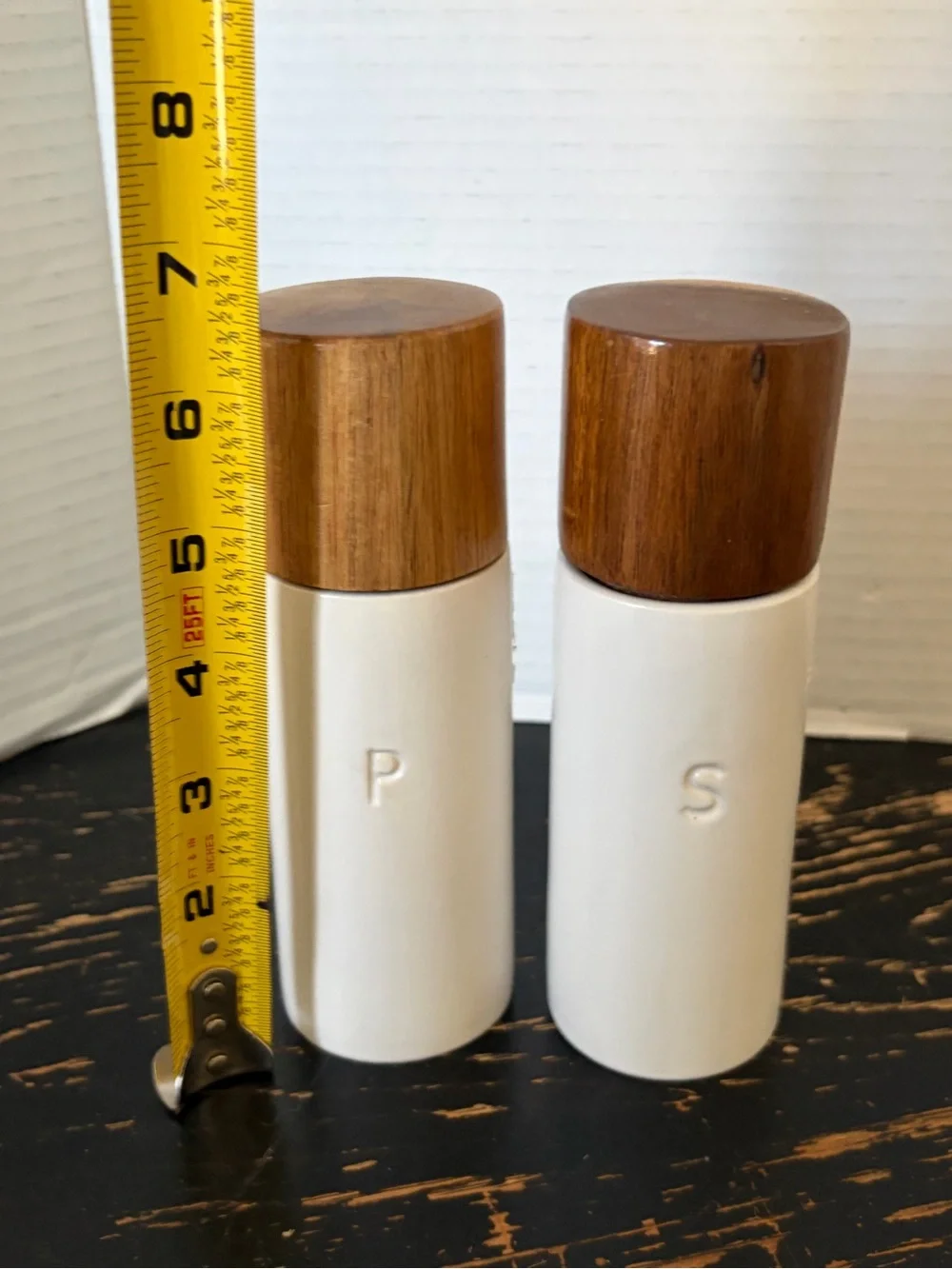 White Ceramic Salt and Pepper Shakers with Wood Tops